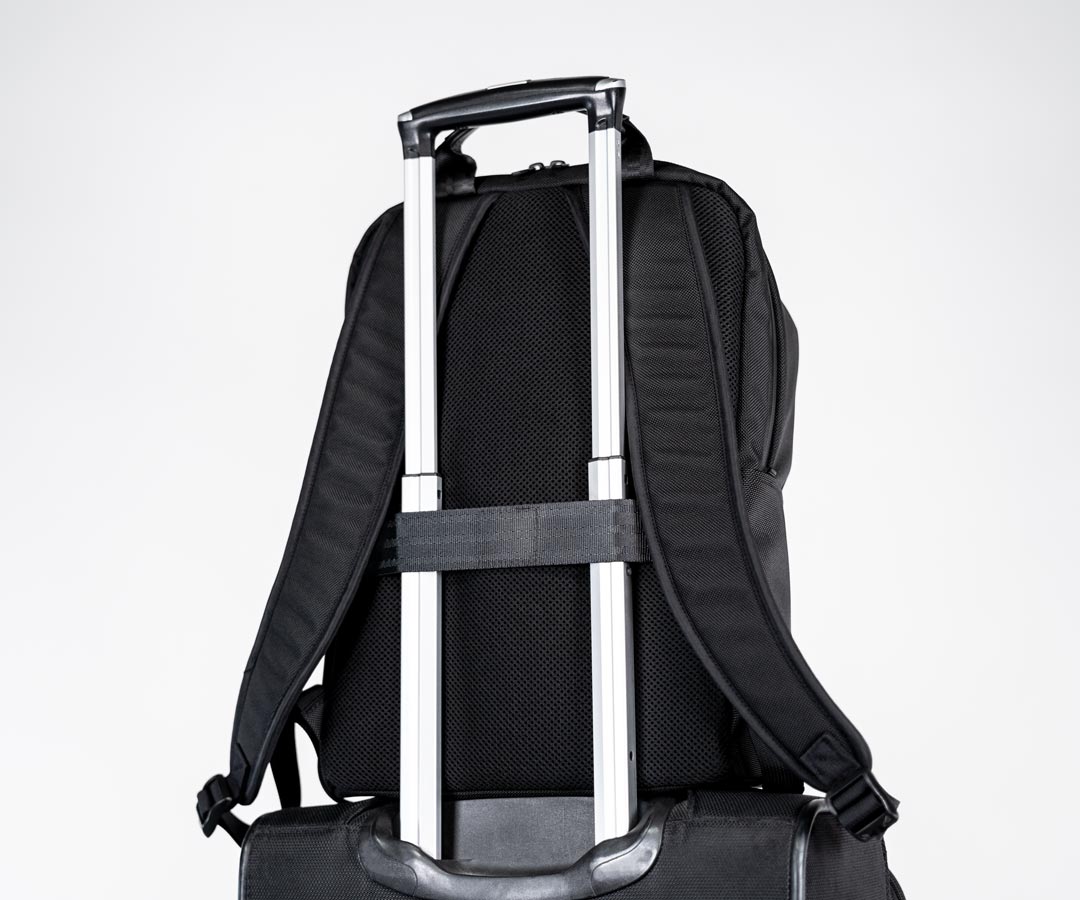 Laptop backpack with shop luggage pass through